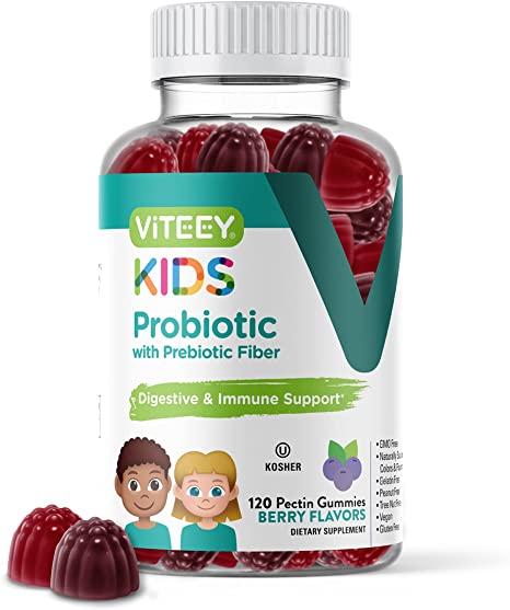 Prebiotics Plus Probiotics Fiber Gummies, Extra Strength 2 Billion CFUs for Immune Support and Digestive Support, Dualbiotic Vegan and Pectin Chewable Gummy, for Teens Children & Kids, Berry Flavor