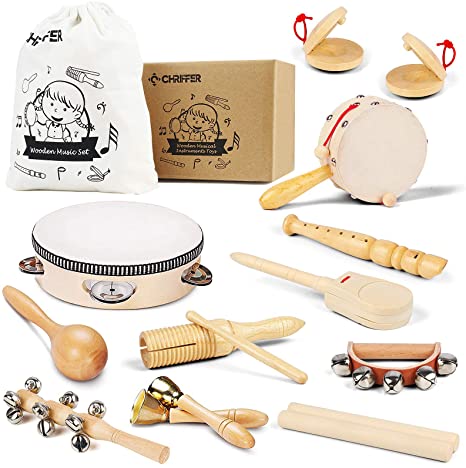 Wooden Musical Instruments Toys for Toddlers and Kids, Eco-Friendly Music Set Natural Wood Percussion Instruments Set with Storage Bag