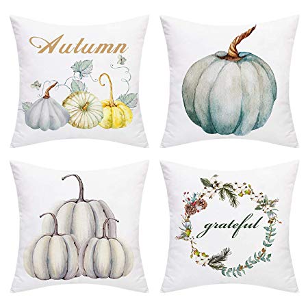 BLEUM CADE Set of 4 Throw Pillow Covers Thanksgiving Day Pillow Covers Autumn Pumpkin Pillow Covers Fall Harvest Pillow Cases Cushion Covers Home Decoration 18 x 18 Inches