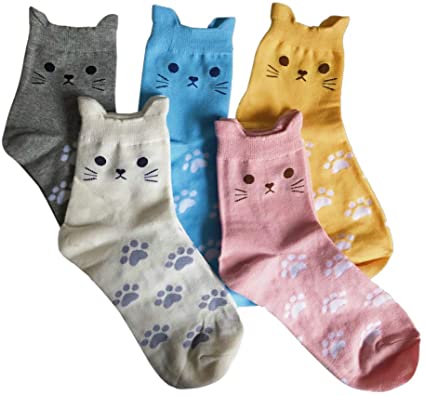 5 Pairs Women's Fun Socks Cute Cat Animals Funny Funky Novelty Cotton Gift