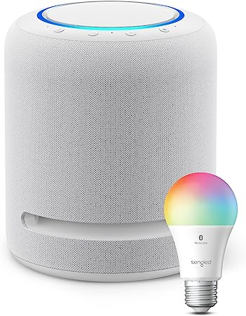 Echo Studio | Glacier White with Sengled Bluetooth Color Bulb | Alexa smart home starter kit