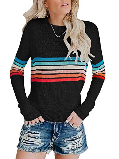 Pxmoda Womens Casual Rainbow Striped Knitted Blouses Long Sleeve Crewneck Sweatshirt Tops
