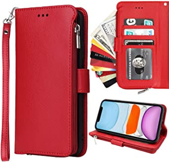iPhone 11 Wallet Case, iPhone 11 Case, XRPow Premium PU Leather Wallet Purse Case Kickstand [Card Pockets] [Wrist Strap] fit Women Men Durable Flip Folio Cover for iPhone 11 6.1Inch - Red