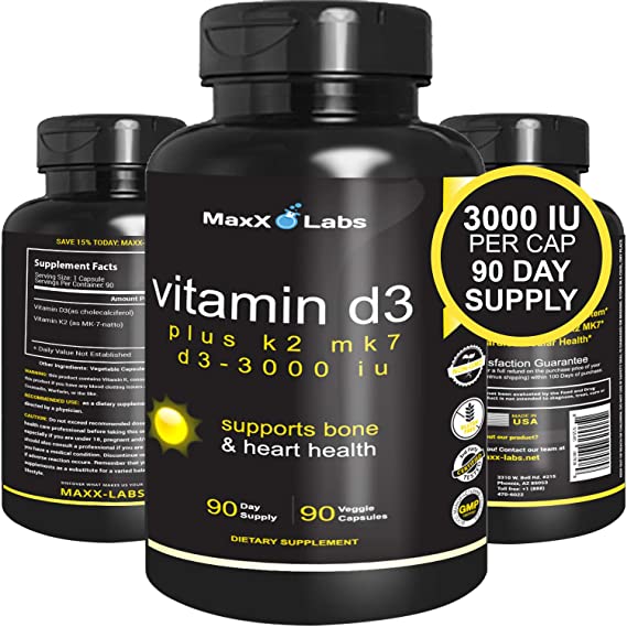 Vitamin D3 with Vitamin K2 MK-7 ★ New ★ Full 3,000 IU Per Capsule Plus 115mcg MK7 from Natto - Natural, Effective, Safe - Supports Bone and Heart Health - Gluten Free - 90...