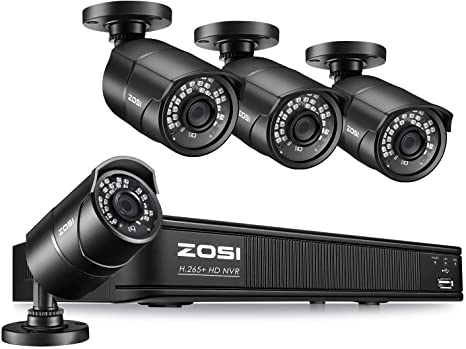 ZOSI 1080p H.265  PoE Home Security Camera System Outdoor Indoor,8CH 5MP PoE NVR Recorder and (4) 1080p Surveillance Bullet IP Cameras with 120ft Long Night Vision ( No Hard Drive Included)