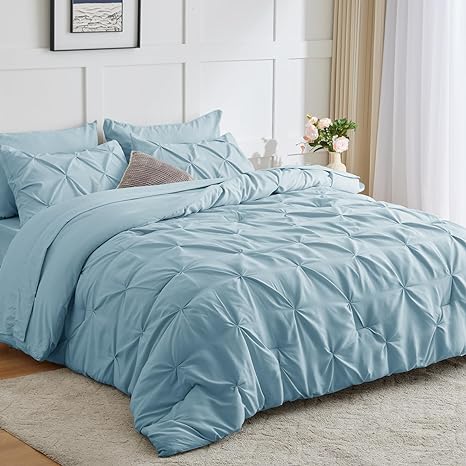 CozyLux King Size Comforter Set - 7 Pieces Comforters King Size Light Blue, Pintuck Bed in A Bag Pinch Pleat Bedding Sets with All Season Comforter, Flat Sheet, Fitted Sheet and Pillowcases & Shams