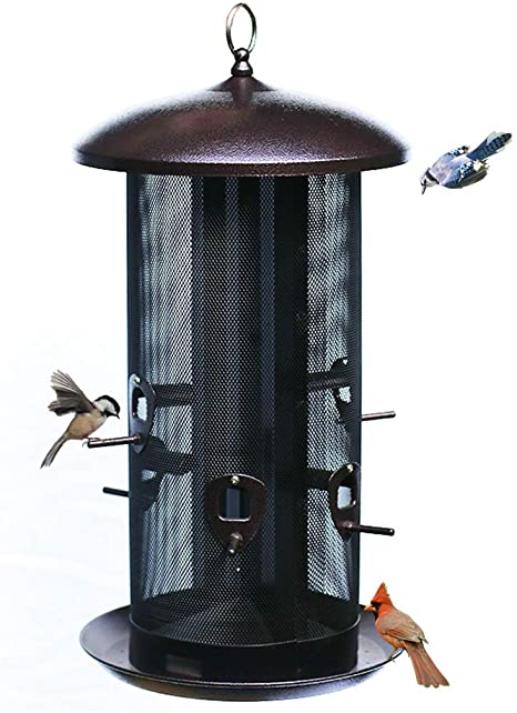 Nature's Rhythm Metal Hopper Bird Feeder Two Chambers，Heavy Duty Mesh Metal Dual Seed Compartments Outdoor Hanging Metal Wild Bird Feeder with 6 Feeding Ports,10lbs Seed Capacity