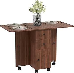 HOMCOM Folding Dining Table for 4-6, Rolling Drop Leaf Table with Storage Drawers, Cabinet and Open Shelf, Extendable Kitchen Table on Wheels, Distressed Brown