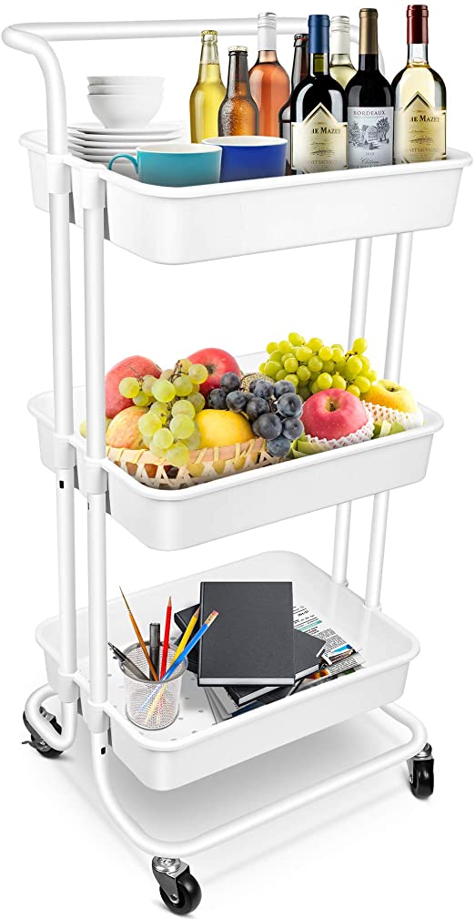 Haliluya 3 Tier Rolling Utility Storage Cart with Handle, Makeup Bar Cart with Roller Wheels Mobile Storage Organizer for Kitchen, Bathroom, Office, Coffee Bar (White)