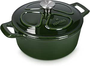 Navaris Enameled Dutch Oven - 3.7 QT Cast Iron Pot with Lid - 9 1/2" Round Enamel Cookware - Induction Cooktop Safe - Glossy Dark Green