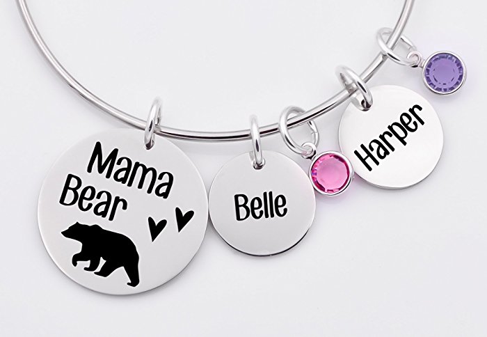 Mama Bear bracelet, Mother's expandable bangle bracelet, stainless steel bracelet, mothers day gift, mom bracelet, gift for mothers, Mama Bear with 2 hearts