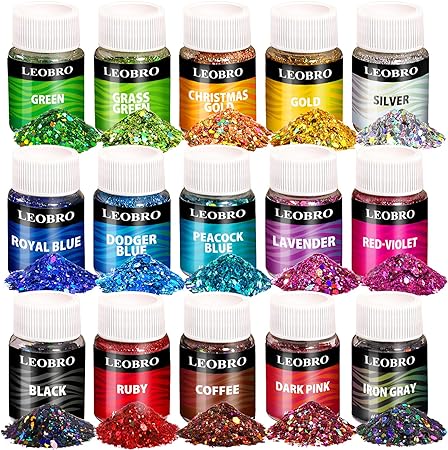 Holographic Chunky Glitter, 15 Colors Craft Glitter for Resin, LEOBRO Nail Glitter, Festival Cosmetic Eye Hair Face Body Glitter, Glitter Flakes Sequins for Epoxy Resin Tumbler DIY Arts Crafts