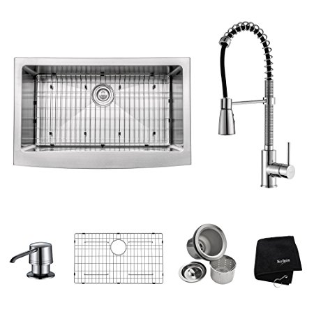 Kraus KHF200-33-KPF1612-KSD30CH 33 inch Farmhouse Single Bowl Stainless Steel Kitchen Sink with Chrome Kitchen Faucet and Soap Dispenser