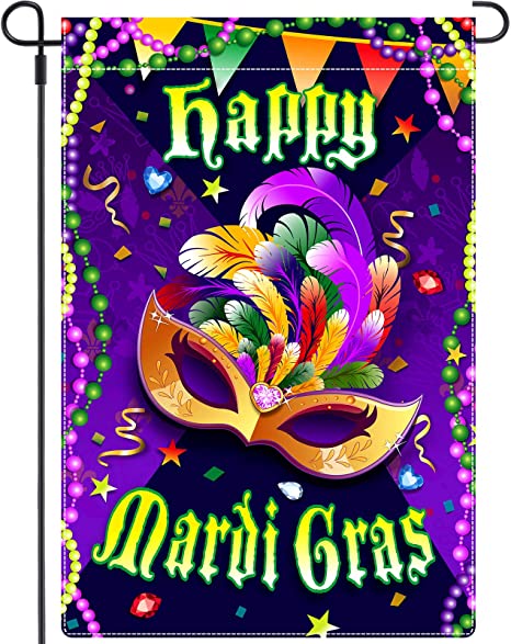 Mardi Gras Garden Flag Double Sided Holiday Decorative Garden Flag Masquerading Beads Yard Flag Fleur De Lis Party Signs Holiday Yard Outdoor Decoration for Mardi Gras(12.5 x 18 Inch)