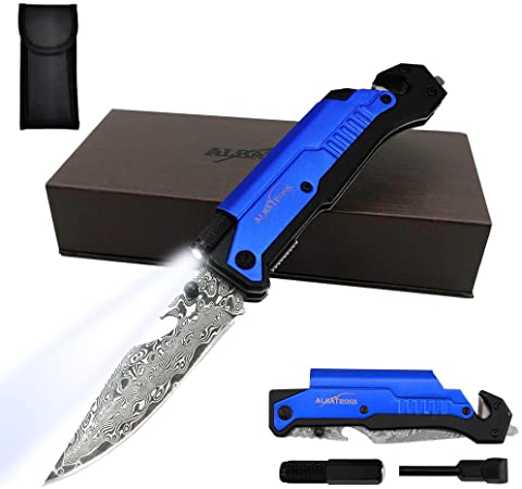 ALBATROSS 6-in-1 Modern Damascus Steel Folding Pocket Knives with LED Light,Seatbelt Cutter,Glass Breaker,Magnesium Fire Starter,Bottle Opener;Multi-Function Emergency Tool