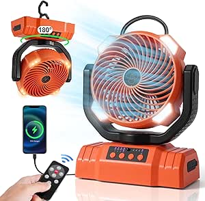 Odoland 30000mAh Camping Fan with LED Light, Rechargeable Battery Operated Tent Fan with Remote & Hook, Portable Oscillating Fan with Timer, 4 Speeds for Outdoor Camp RV Jobsite Power Outage, Orange