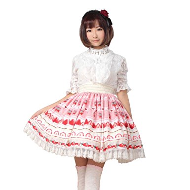 Hugme Pink Polyester Lace Strawberry Printed Lolita Skirt
