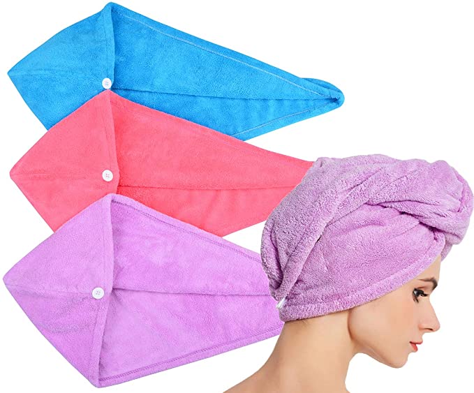 Hope Shine Microfiber Ultra Absorbent Large Hair Turban Wrap Towel Fast Drying Spa Towel Wrap (Blue Purple Rose Red 3-Pack)