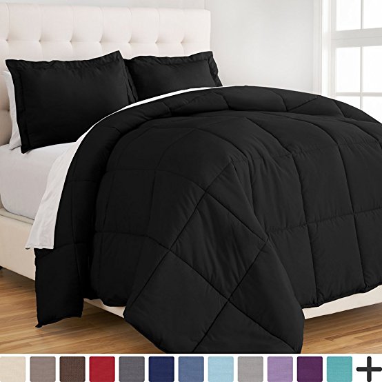 Ultra-Soft Premium 1800 Series Goose Down Alternative Comforter Set - Hypoallergenic - All Season - Plush Fiberfill, Twin Extra Long (Twin XL, Black)