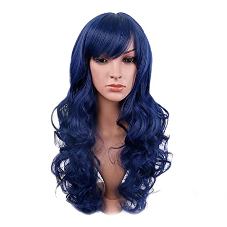 BERON 24" Navy Blue Wigs with Side Bangs Wome's Long Cury Wigs Full Hair Synthetic Cosplay Party Wig (Navy Blue)