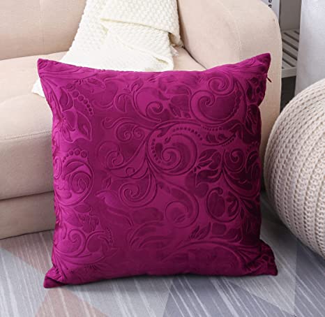 TangDepot Heavy Velvet Embossing Throw Pillow Cover, Classis Floral Anaglyph Velvet Fabric, Euro Sham, European Throw Pillow Cover, Indoor/Outdoor - (24" x 24", C23 Deep Magenta)