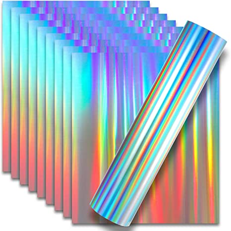 10 Pieces Holographic Heat Transfer Vinyl 12 x 10 Inches Metallic Iron on Heat Transfer Vinyl Foil HTV Sheets Heat Transfer Vinyls for T-Shirts Hat Crafts DIY (Rainbow Silver)