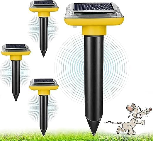Solar Powered Repeller, 4 Pack Mole Repellent, Gopher Repellent Ultrasonic, Snake Deterrent, Vibration Stakes Outdoor, Repel Vole Gopher for Yard Lawns