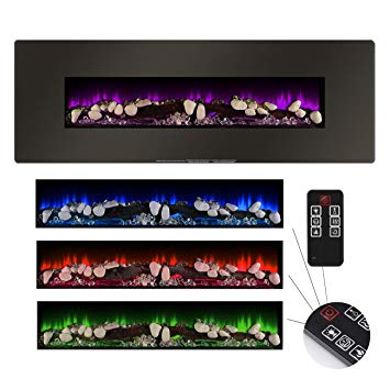 Della 48" Electric Wall Mount Fireplace Heater Recessed Realistic 5 Color Flame Log Set & Crystal 1400W with Remote