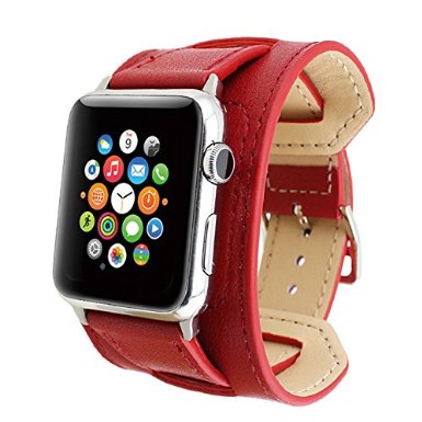 Apple Watch Band Wearlizer Genuine Leather Watch Strap Replacement w Metal Clasp for Apple Watch all Models Cuff Design - 42mm Red