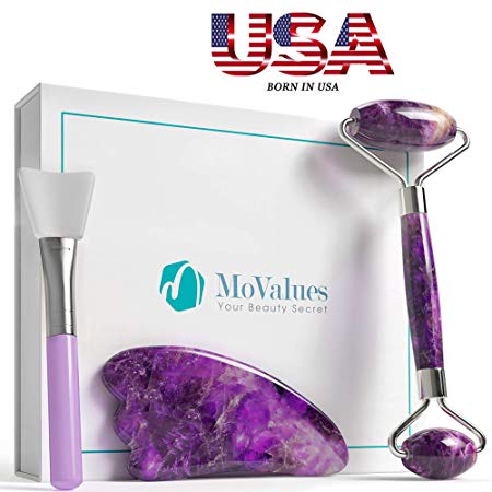 Original Amethyst Jade Roller and Gua Sha Tools Set- Jade Roller For Face- Real 100% Jade- Face Roller For Wrinkles, Anti Aging- Authentic, Durable, Natural, No Squeaks- Bonus Mask Brush