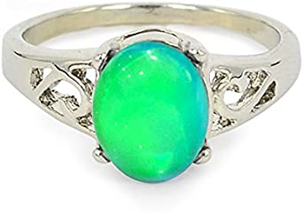 FUN JEWELS Classic Silver Color Plating Multi Color Change Oval Crystal Stone Emotion Feeling Mood Ring