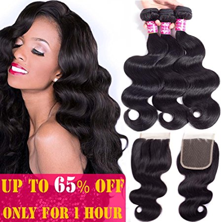 Body Bundles With Closure 9A Brazilian Virgin Hair with Lace Closure 100% Unprocessed Human Hair Weave Weft Extensions 9A Grade ( Natural Color 12''14''16''+12'' closure ,three part)