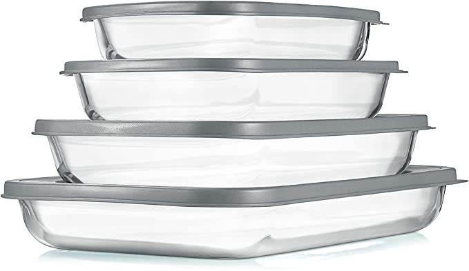 NutriChef 4 Sets Glass Bakeware - High Borosilicate Rectangular Glass Baking Dish w/ Gray BPA-Free PE Lids, Freezer-to-Oven Home Kitchen Bake Casserole Food Storage Stackable Tray Pan, Dishwasher Safe