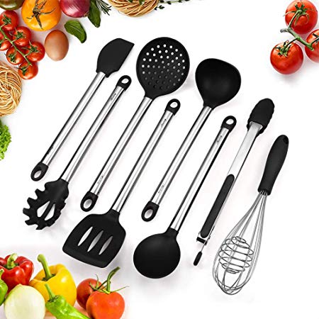 Mirviory Silicone Kitchen Utensil Set, 8pcs Stainless Steel Cooking Utensil Set, Serving Tongs, Spoon, Spatula Tools, Turner Spatula, Pasta Server, Ladle, Strainer, Whisk, Black
