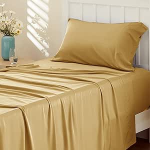 Bedsure Twin Sheets Set, Cooling Sheets, Rayon Derived from Bamboo, Twin Sheets for Boys and Girls, Breathable & Soft Bed Sheets, Hotel Luxury Silky Bedding Sheets & Pillowcases, Gold