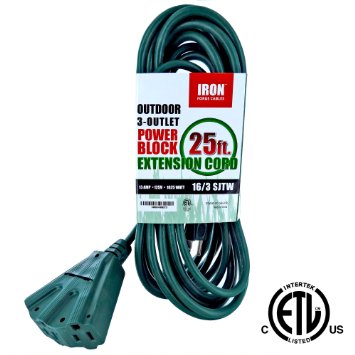 Iron Forge 16/3 SJTW Cable 3 Prong Extension Cord with 3 Electrical Power Outlet, 25 Feet