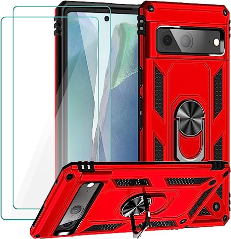 Muntinfe for Google Pixel 7 Case with Tempered Glass Screen Protector [2 Pack], Military-Grade Armor Shockproof Protective Phone Case Cover with Ring Magnetic Kickstand for Pixel 7, Red