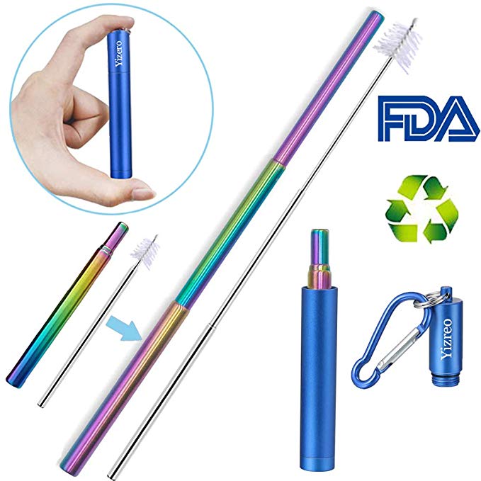 Metal Straws for Drinks,Yizero Rainbow Telescopic Reusable Straws with Case, Cleaning Brush and Keychain, Portable Stainless Steel Straws Drinking Reusable for 30 oz Tumbler (Dishwasher Safe) (blue)