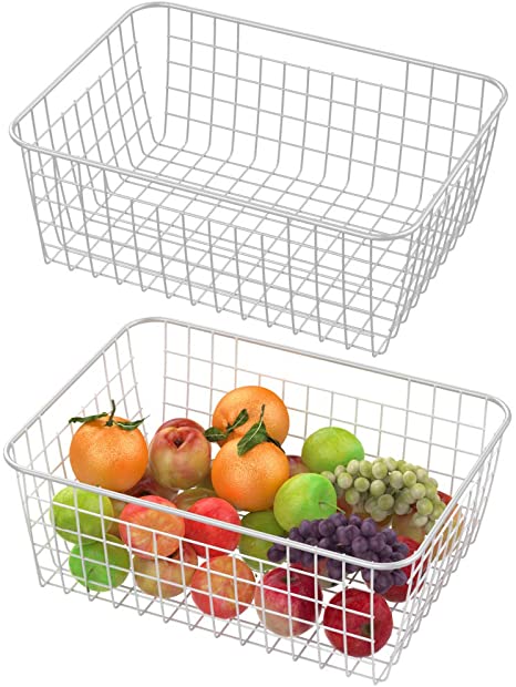 Wire Basket, Cambond 2 Pack Wire Baskets for Storage Durable Metal Basket Pantry Organizer Storage Bin Baskets with Handles for Kitchen Cabinets, Pantry, Bathroom, Countertop, Closets (White, Large)
