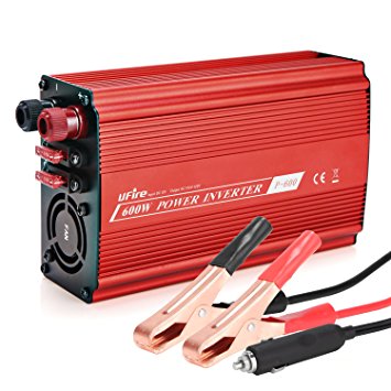 UFire 600W Power Inverter DC 12V to 110V AC Car Converter with 4.8A Dual USB Ports and Dual AC Outlets Smart Charger Travel Kit Portable Adapter -Red