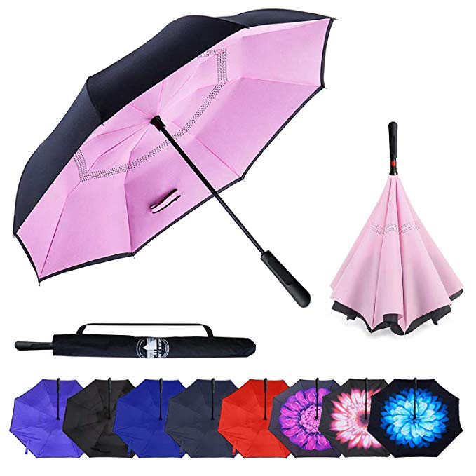 ABCCANOPY Inverted Umbrella,Double Layer Reverse Windproof Teflon Repellent Umbrella for Car and Outdoor Use, UPF 50  Big Stick Umbrella with ABS Handle and Carrying Bag, Pink