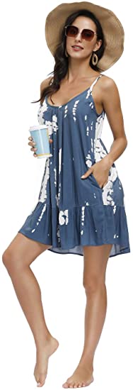 BUENOS NINOS Women's V Neck Floral Maxi Dress Boho Printed Adjustable Spaghetti Strap Ethnic Beach Long Dress with Pockets