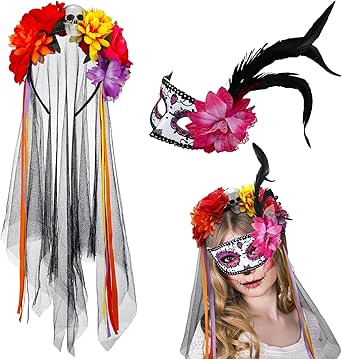 Lyrow 2 Pcs Halloween Flower Accessories Day of The Dead Accessories Mexican Floral Headband and Halloween Masquerade Eye Mask Halloween Rose Flower Headband Halloween Costumes for Women