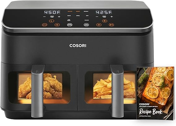 COSORI Dual Basket Air Fryer 9 Qt, Large and Wider Double Airfryer, 8-in-1, Sync Cook & Finish Family Meals, Bake, Roast, Broil and Dehydrate, Optional Preheat & Shake, Visible Window, 130 Recipes