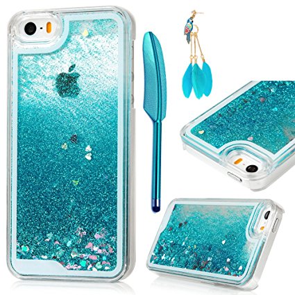 iPhone SE Case,iPhone 5 5S Case - MOLLYCOOCLE Transparent Clear PC Hard Plastic Shell 3D Bling Sparkle Glitter Quicksand and Cute Star Flowing Liquid Cover for iPhone SE/5/5S - Blue