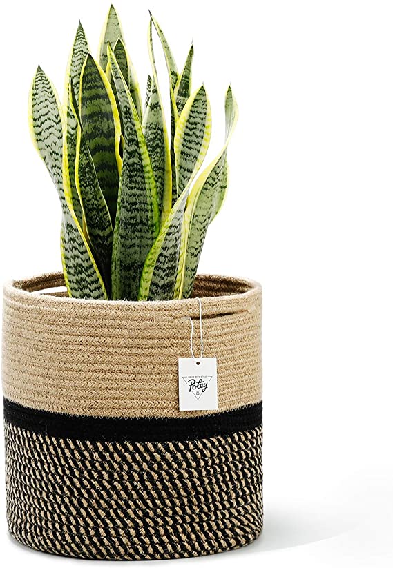 POTEY 700501 Jute Rope Plant Basket Modern Woven Basket for 10" Flower Pot Floor Indoor Plants Planters,Storage Organizer Basket Rustic Mid Century Home Decor, Black and Brown Stripes 11"x 11"