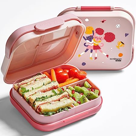 Bentoheaven Premium Bento Lunch Box for Kids, 9 Designs, Leak-proof 3-4 Compartments, Divider, Ideal size 30oz, Microwave/Dishwasher Safe Kids Bento Box (Loncheras Para Niños/Niñas)[Rose Pink]