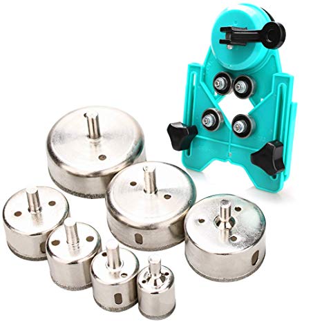 Hole Saw Set,7Pcs Diamond Drill Bits with Hole Saw Guide Jig Fixture, 1/1.2/1.6/2.4/2.8/3.15 inch Coated Core Drill Bits, Adjustable Hole Saw Centering Locator Suction Holder for Glass,Ceramics,Tile