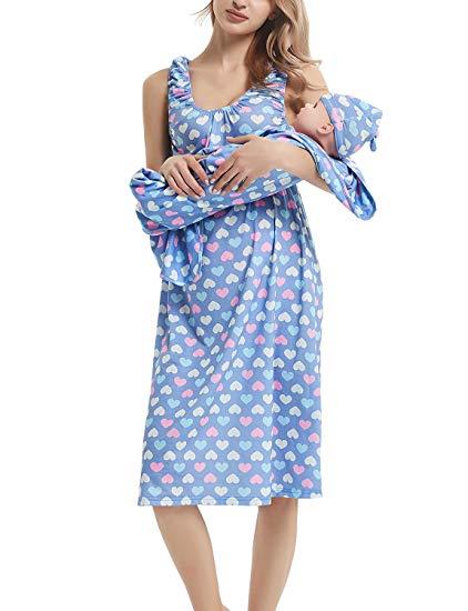 GINKANA Maternity/Nursing Delivery Nightgown with Matching Baby Swaddle Blankets and Hat Set - Hospital Bag Must Have