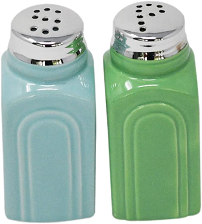 HOME-X Retro Stoneware Salt and Pepper Shakers Set, 50's Diner Style Salt & Pepper Shakers, Perfect Addition to Any Kitchen, Home, Restaurant-Green and Blue